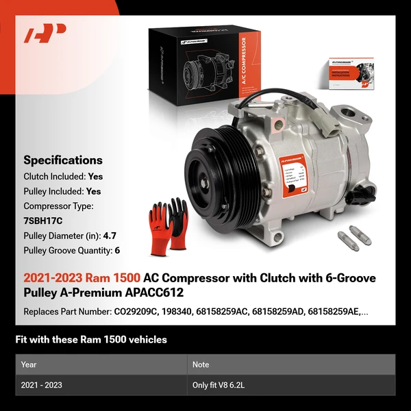 2021-2023 Ram 1500 AC Compressor with Clutch with 6-Groove Pulley A-Premium APACC612