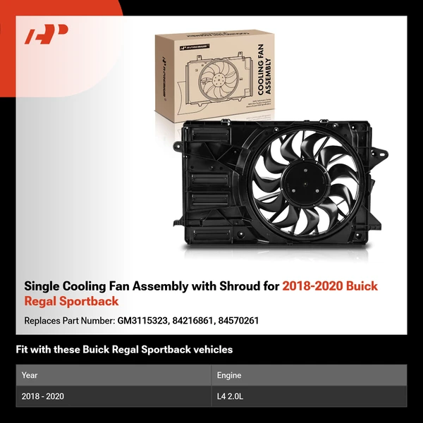 Single Cooling Fan Assembly with Shroud for 2018-2020 Buick Regal Sportback