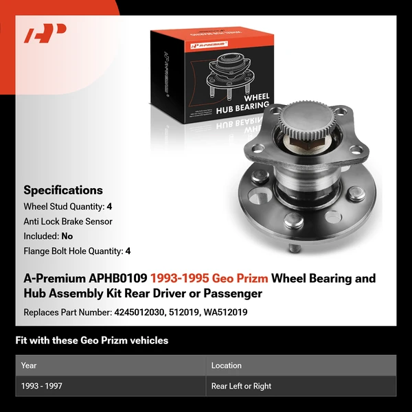 A-Premium APHB0109 1993-1995 Geo Prizm Wheel Bearing and Hub Assembly Kit Rear Driver or Passenger