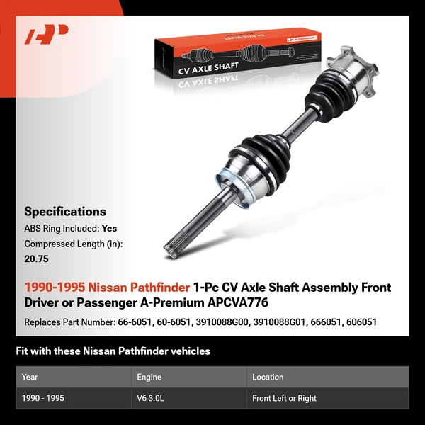 1990-1995 Nissan Pathfinder 1-Pc CV Axle Shaft Assembly Front Driver or Passenger A-Premium APCVA776