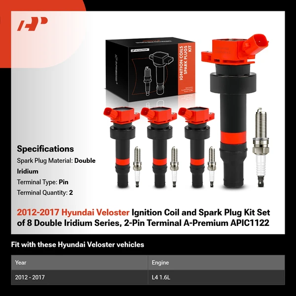 2012-2017 Hyundai Veloster Ignition Coil and Spark Plug Kit Set of 8 Double Iridium Series, 2-Pin Terminal A-Premium APIC1122