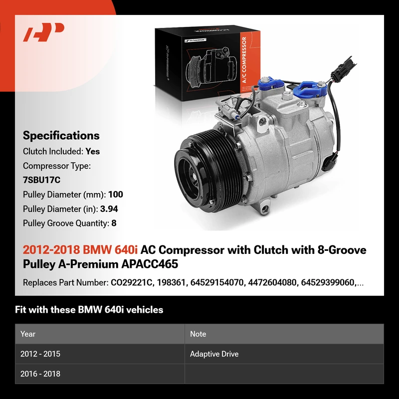 2012-2018 BMW 640i AC Compressor with Clutch with 8-Groove Pulley A-Premium APACC465