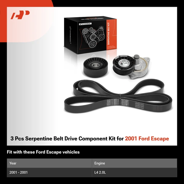 3 Pcs Serpentine Belt Drive Component Kit for 2001 Ford Escape