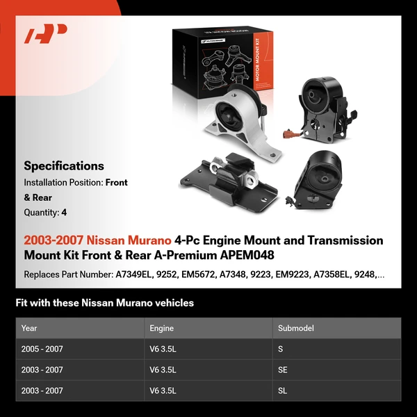 2003-2007 Nissan Murano 4-Pc Engine Mount and Transmission Mount Kit Front & Rear A-Premium APEM048