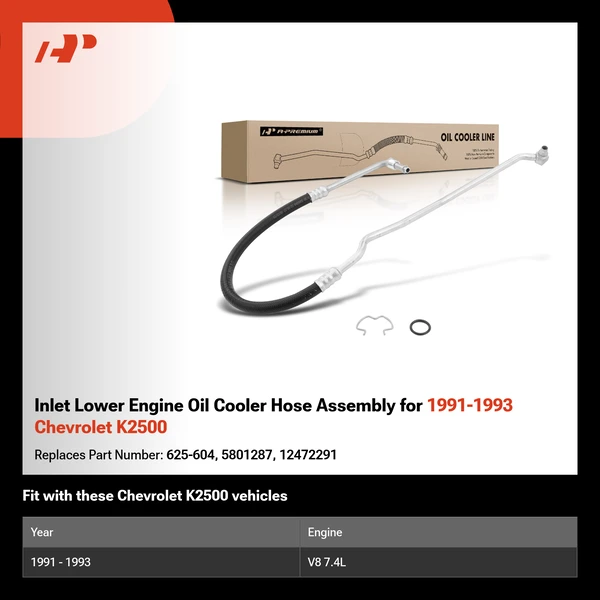 Inlet Lower Engine Oil Cooler Hose Assembly for 1991-1993 Chevrolet K2500