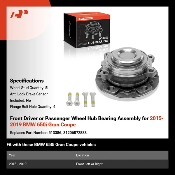 Front Driver or Passenger Wheel Hub Bearing Assembly for 2015-2019 BMW 650i Gran Coupe