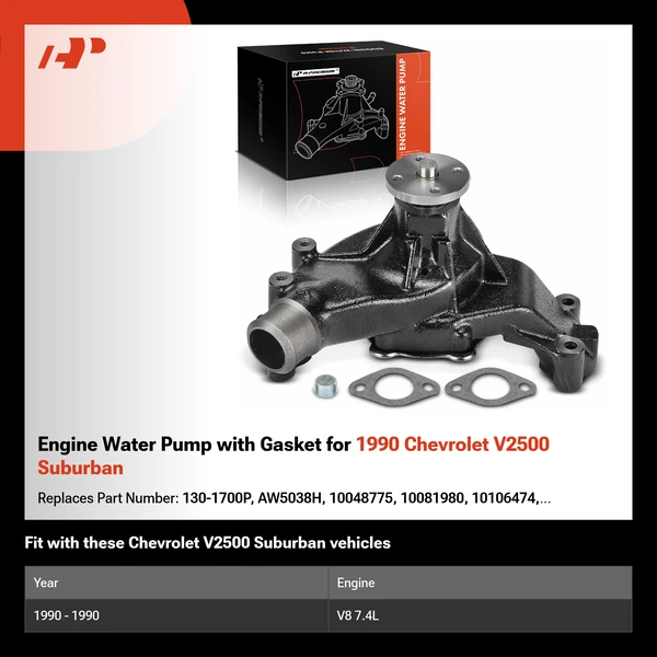 Engine Water Pump with Gasket for 1990 Chevrolet V2500 Suburban