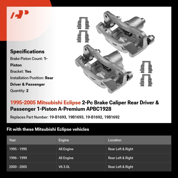1995-2005 Mitsubishi Eclipse 2-Pc Brake Caliper Rear Driver & Passenger 1-Piston A-Premium APBC1928