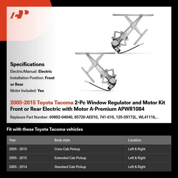 2005-2015 Toyota Tacoma 2-Pc Window Regulator and Motor Kit Front or Rear Electric with Motor A-Premium APWR1084