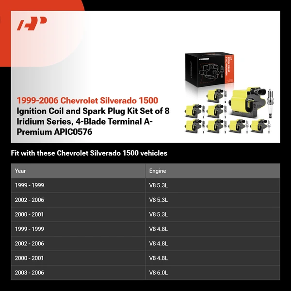 1999-2006 Chevrolet Silverado 1500 Ignition Coil and Spark Plug Kit Set of 8 Iridium Series, 4-Blade Terminal A-Premium APIC0576