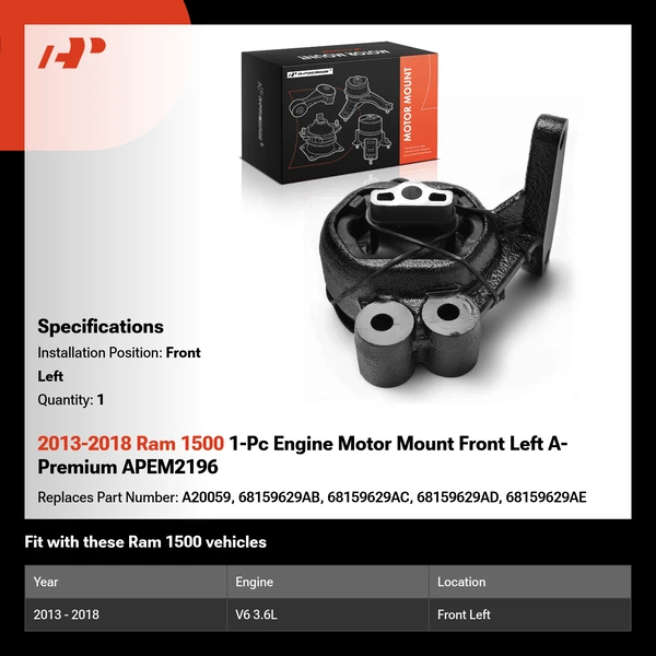 2013-2018 Ram 1500 1-Pc Engine Motor Mount Front Left A-Premium APEM2196