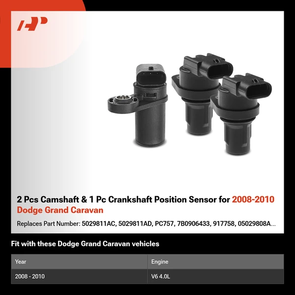 2 Pcs Camshaft & 1 Pc Crankshaft Position Sensor for 2008-2010 Dodge Grand Caravan