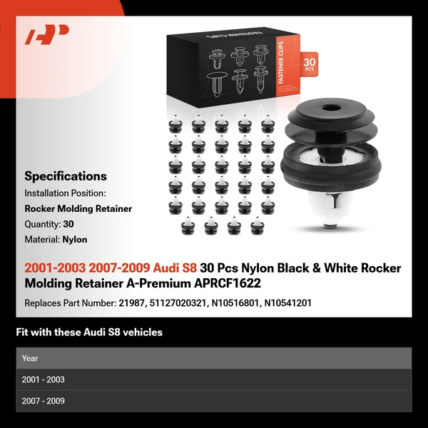 2001-2003 2007-2009 Audi S8 30 Pcs Nylon Black & White Rocker Molding Retainer A-Premium APRCF1622