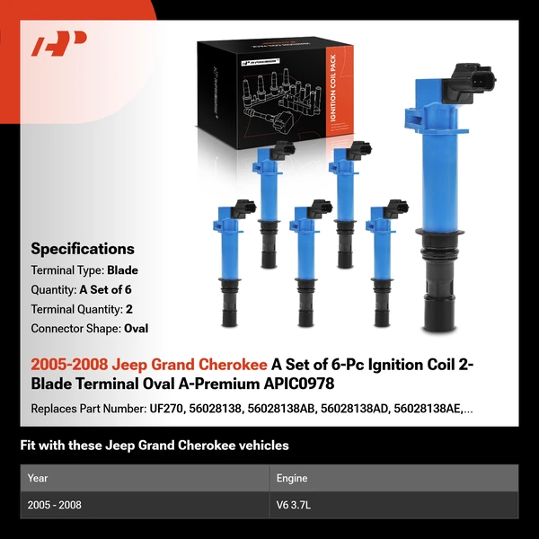 2005-2008 Jeep Grand Cherokee A Set of 6-Pc Ignition Coil 2-Blade Terminal Oval A-Premium APIC0978