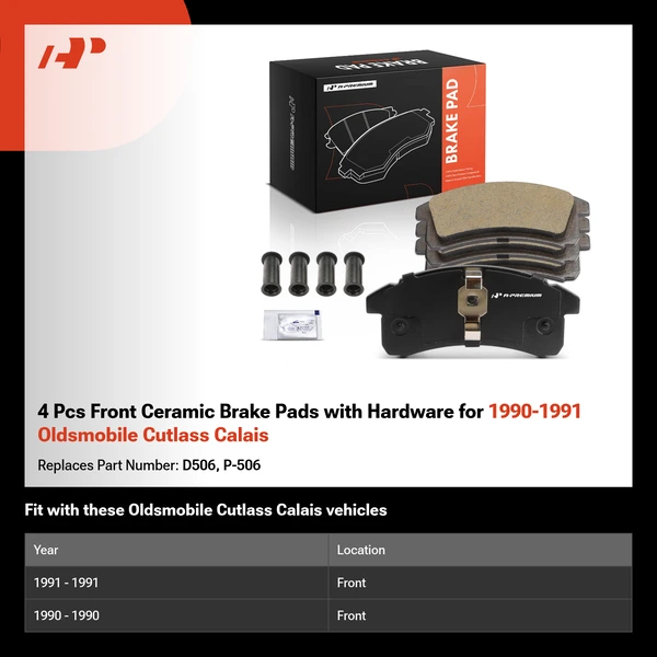 4 Pcs Front Ceramic Brake Pads with Hardware for 1990-1991 Oldsmobile Cutlass Calais