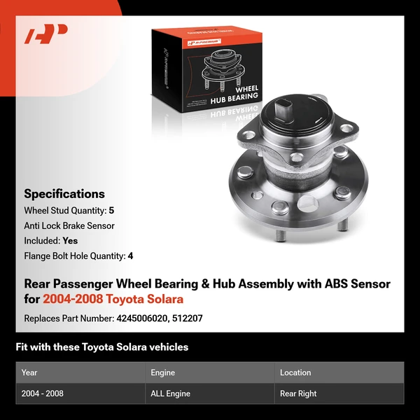 Rear Passenger Wheel Bearing & Hub Assembly with ABS Sensor for 2004-2008 Toyota Solara