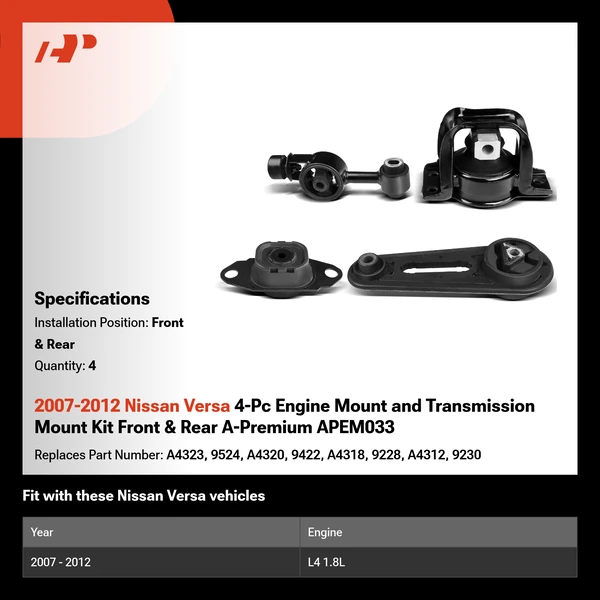 2007-2012 Nissan Versa 4-Pc Engine Mount and Transmission Mount Kit Front & Rear A-Premium APEM033