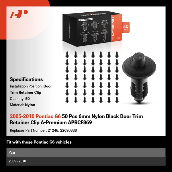 2005-2010 Pontiac G6 50 Pcs 6mm Nylon Black Door Trim Retainer Clip A-Premium APRCF869