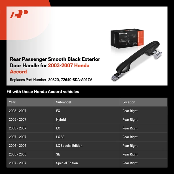 Rear Passenger Smooth Black Exterior Door Handle for 2003-2007 Honda Accord