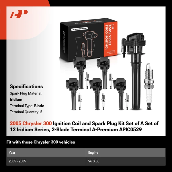2005 Chrysler 300 Ignition Coil and Spark Plug Kit Set of A Set of 12 Iridium Series, 2-Blade Terminal A-Premium APIC0529