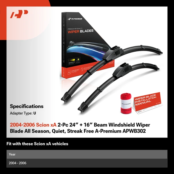 2004-2006 Scion xA 2-Pc 24″ + 16″ Beam Windshield Wiper Blade All Season, Quiet, Streak Free A-Premium APWB302