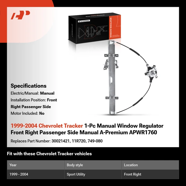 1999-2004 Chevrolet Tracker 1-Pc Manual Window Regulator Front Right Passenger Side Manual A-Premium APWR1760