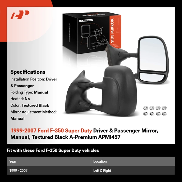 1999-2007 Ford F-350 Super Duty Driver & Passenger Mirror, Manual, Textured Black A-Premium APMI457