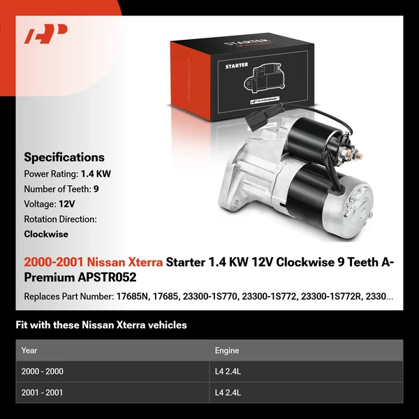2000-2001 Nissan Xterra Starter 1.4 KW 12V Clockwise 9 Teeth A-Premium APSTR052