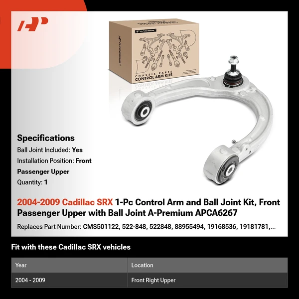 2004-2009 Cadillac SRX 1-Pc Control Arm and Ball Joint Kit, Front Passenger Upper with Ball Joint A-Premium APCA6267