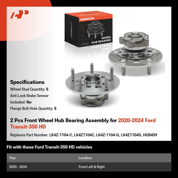 2 Pcs Front Wheel Hub Bearing Assembly for 2020-2024 Ford Transit-350 HD