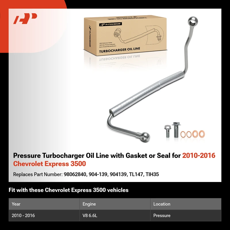 Pressure Turbocharger Oil Line with Gasket or Seal for 2010-2016 Chevrolet Express 3500
