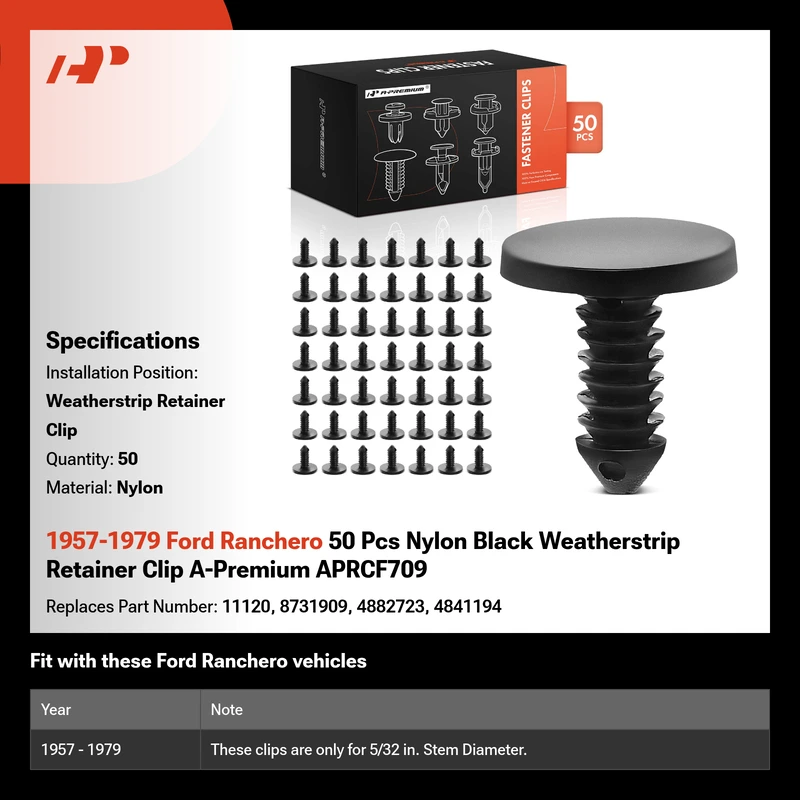 1957-1979 Ford Ranchero 50 Pcs Nylon Black Weatherstrip Retainer Clip A-Premium APRCF709
