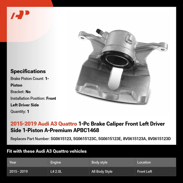 2015-2019 Audi A3 Quattro 1-Pc Brake Caliper Front Left Driver Side 1-Piston A-Premium APBC1468