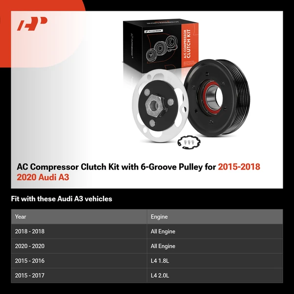 AC Compressor Clutch Kit with 6-Groove Pulley for 2015-2018 2020 Audi A3
