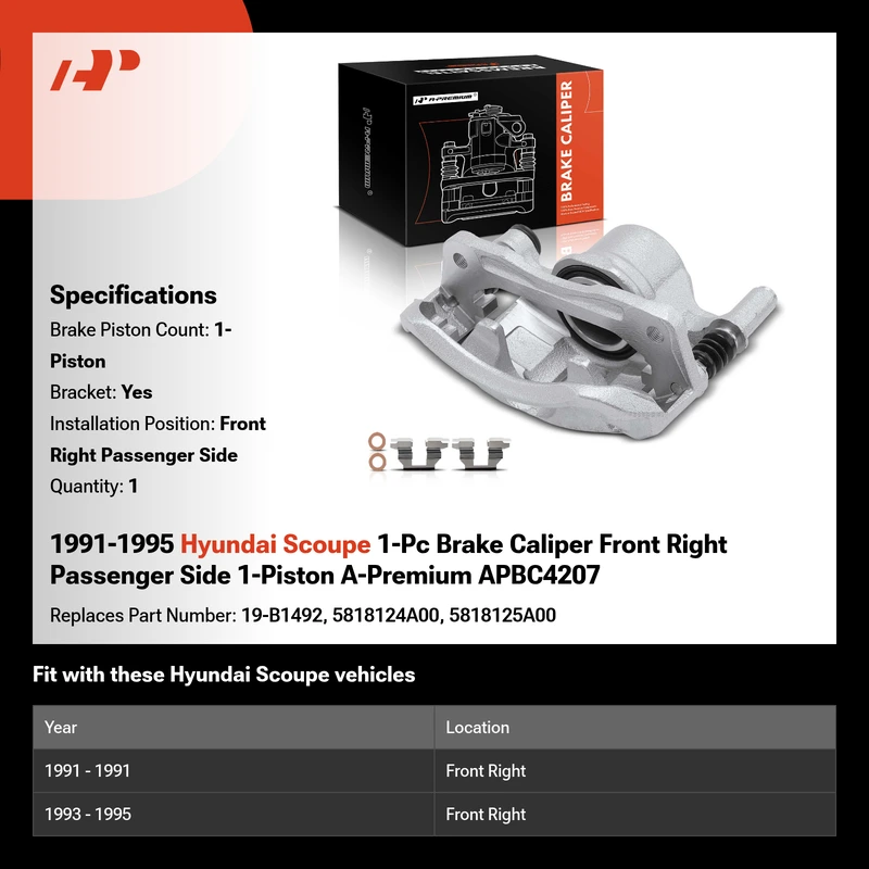 1991-1995 Hyundai Scoupe 1-Pc Brake Caliper Front Right Passenger Side 1-Piston A-Premium APBC4207
