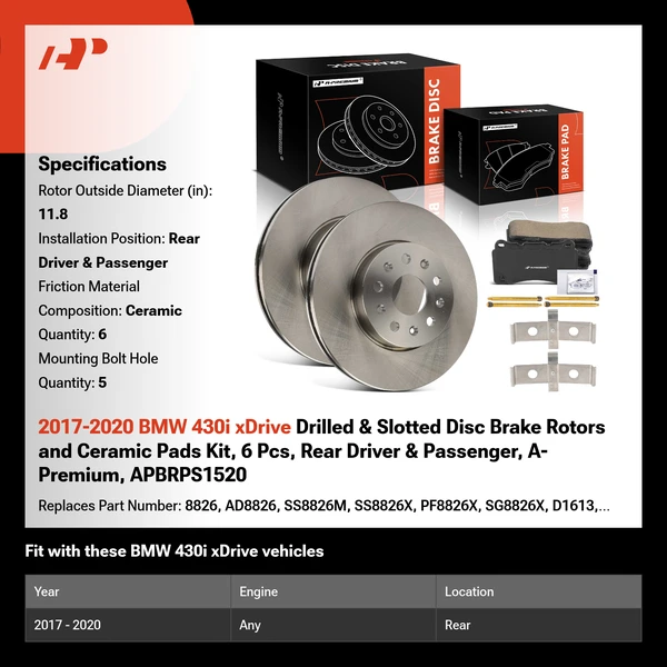 2017-2020 BMW 430i xDrive Drilled & Slotted Disc Brake Rotors and Ceramic Pads Kit, 6 Pcs, Rear Driver & Passenger, A-Premium, APBRPS1520