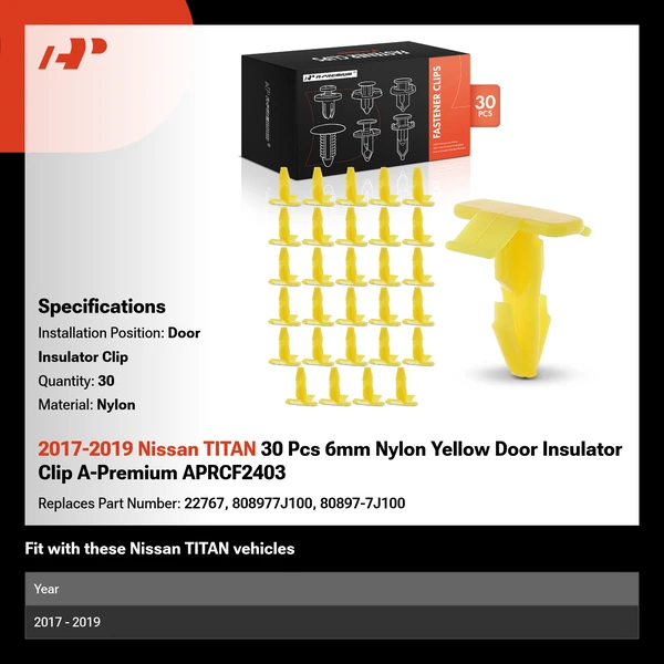 2017-2019 Nissan TITAN 30 Pcs 6mm Nylon Yellow Door Insulator Clip A-Premium APRCF2403
