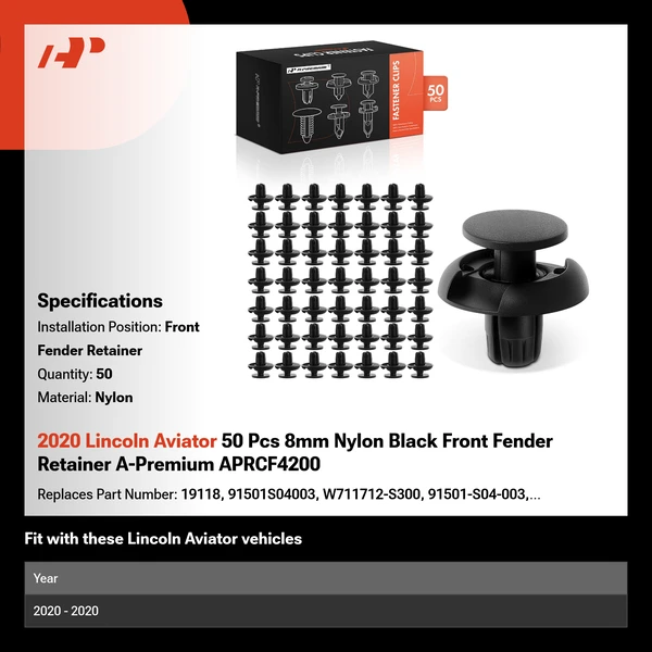 2020 Lincoln Aviator 50 Pcs 8mm Nylon Black Front Fender Retainer A-Premium APRCF4200