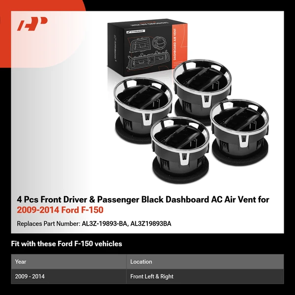 4 Pcs Front Driver & Passenger Black Dashboard AC Air Vent for 2009-2014 Ford F-150