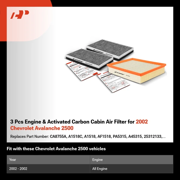 3 Pcs Engine & Activated Carbon Cabin Air Filter for 2002 Chevrolet Avalanche 2500