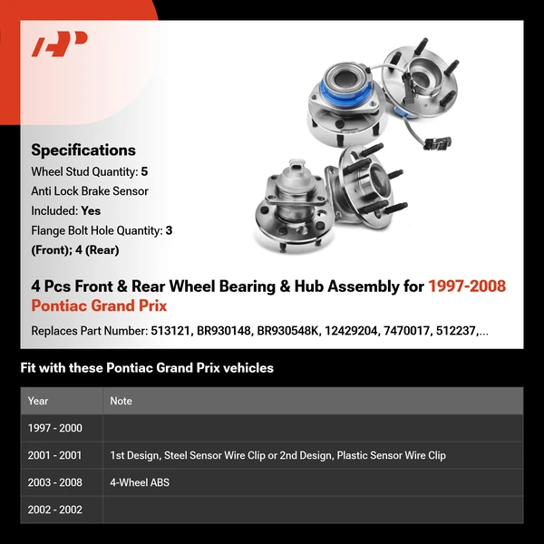 4 Pcs Front & Rear Wheel Bearing & Hub Assembly for 1997-2008 Pontiac Grand Prix