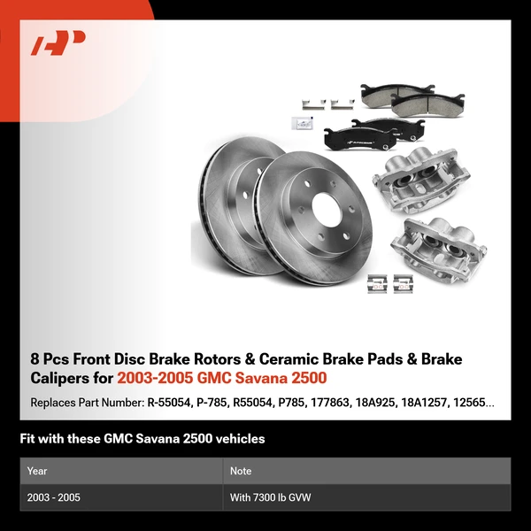 8 Pcs Front Disc Brake Rotors & Ceramic Brake Pads & Brake Calipers for 2003-2005 GMC Savana 2500