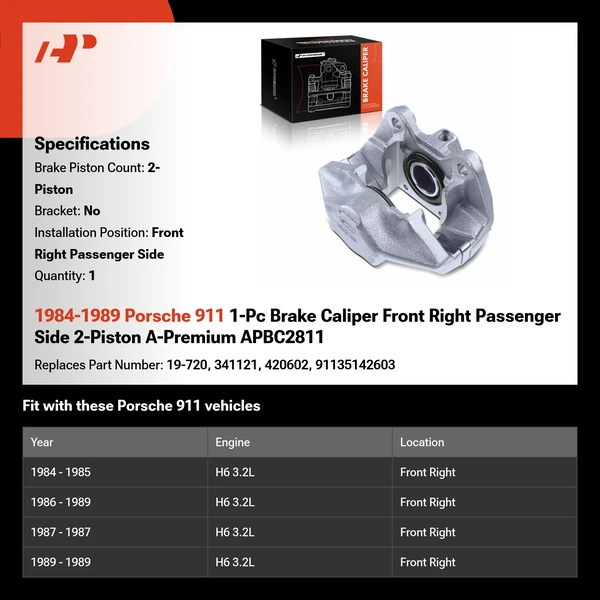 1984-1989 Porsche 911 1-Pc Brake Caliper Front Right Passenger Side 2-Piston A-Premium APBC2811