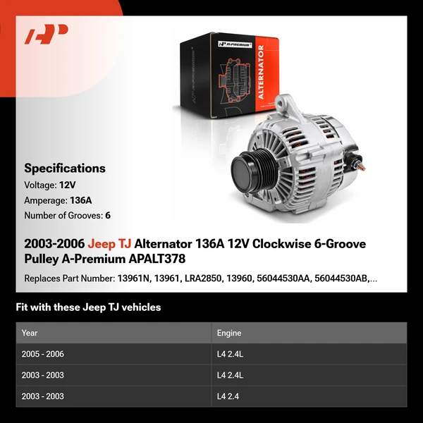 2003-2006 Jeep TJ Alternator 136A 12V Clockwise 6-Groove Pulley A-Premium APALT378