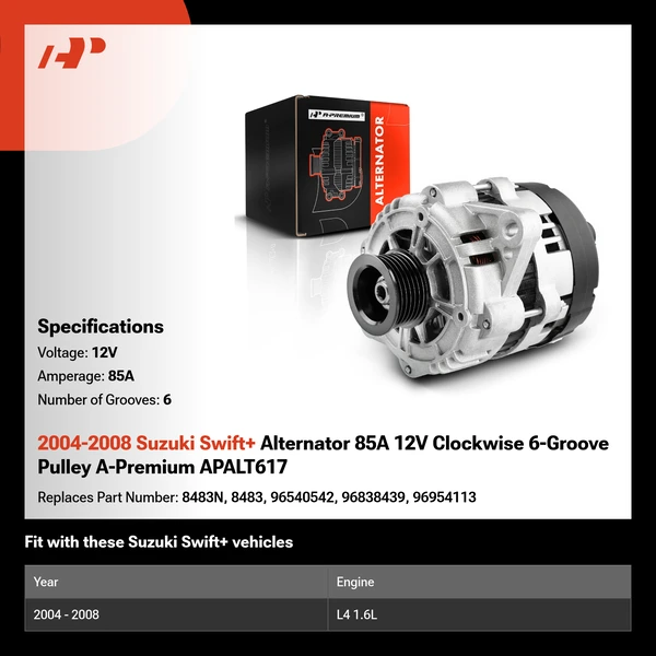 2004-2008 Suzuki Swift+ Alternator 85A 12V Clockwise 6-Groove Pulley A-Premium APALT617