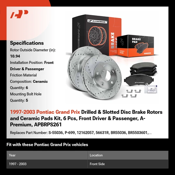 1997-2003 Pontiac Grand Prix Drilled & Slotted Disc Brake Rotors and Ceramic Pads Kit, 6 Pcs, Front Driver & Passenger, A-Premium, APBRPS261
