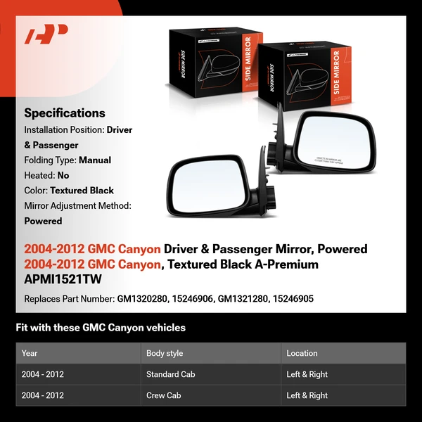 2004-2012 GMC Canyon Driver & Passenger Mirror, Powered 2004-2012 GMC Canyon, Textured Black A-Premium APMI1521TW