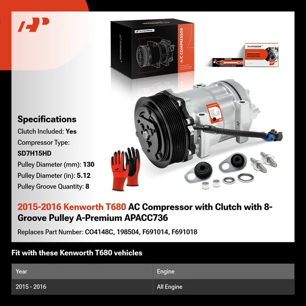 2015-2016 Kenworth T680 AC Compressor with Clutch with 8-Groove Pulley A-Premium APACC736