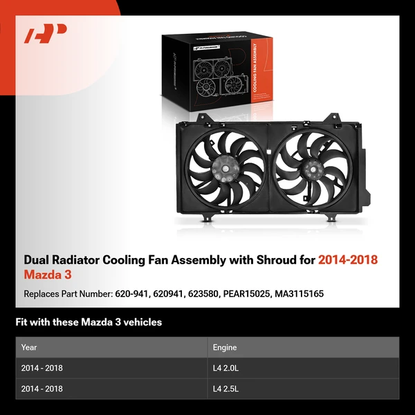 Dual Radiator Cooling Fan Assembly with Shroud for 2014-2018 Mazda 3