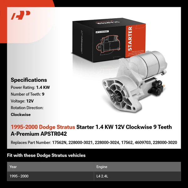 1995-2000 Dodge Stratus Starter 1.4 KW 12V Clockwise 9 Teeth A-Premium APSTR042